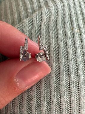 Sterling Silver Lightning Bolt Stud Earrings with Cubic Zirconia - Silver